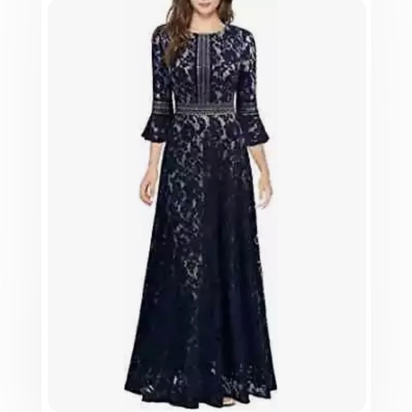 MissMay Dresses & Skirts - MISSMAY Dress Navy Vintage Floral Lace V Neck Evening Bridesmaid Long Size Large